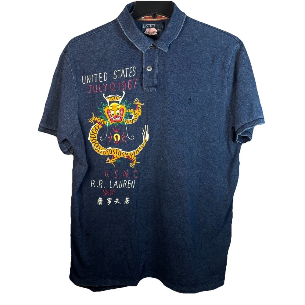 Vintage Polo Ralph Lauren Shirt XXL Indigo Blue  Huge Embroidered Dragon  USN